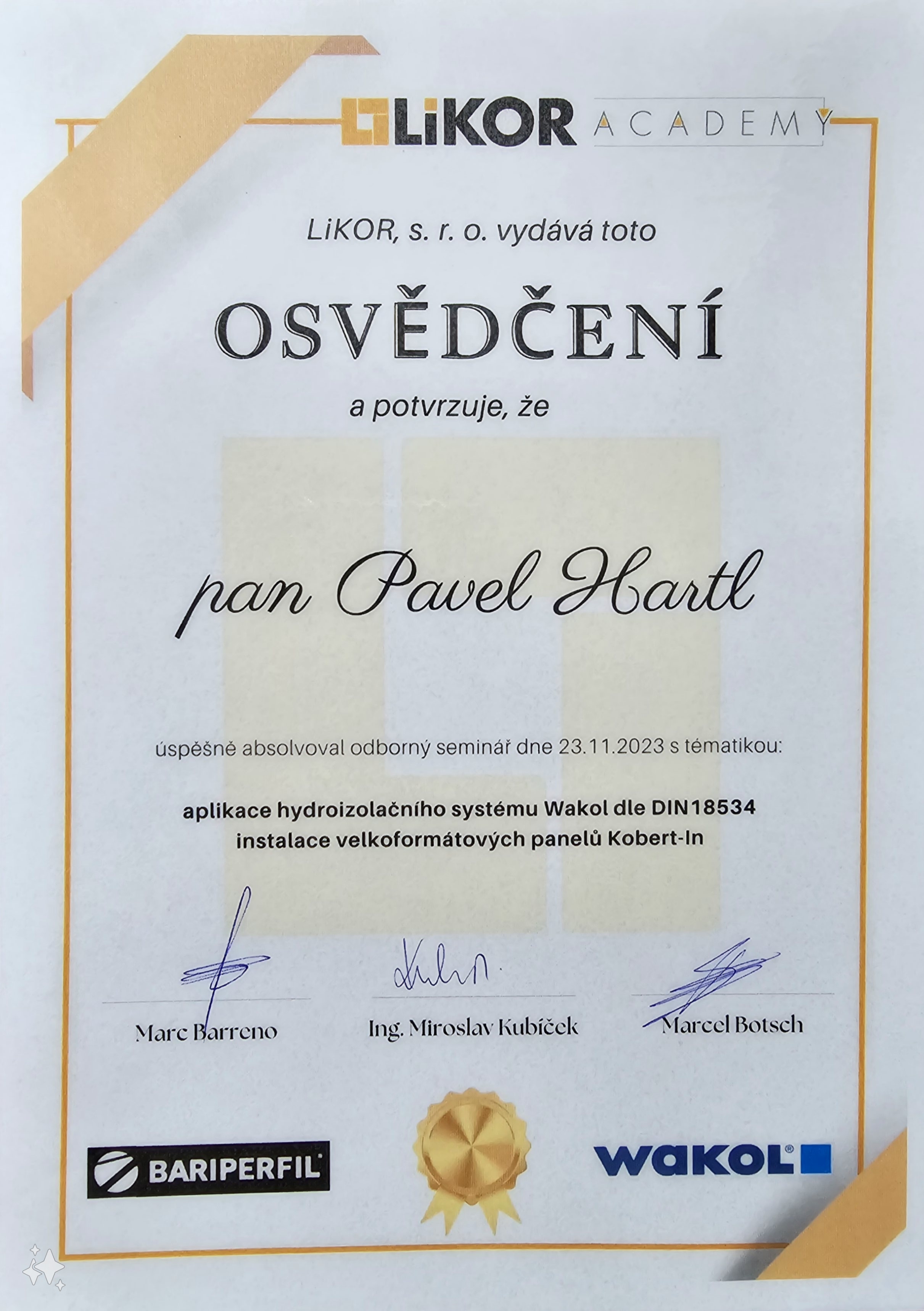 Osvědčení LiKOR Academy Wakol - Pavel Hartl