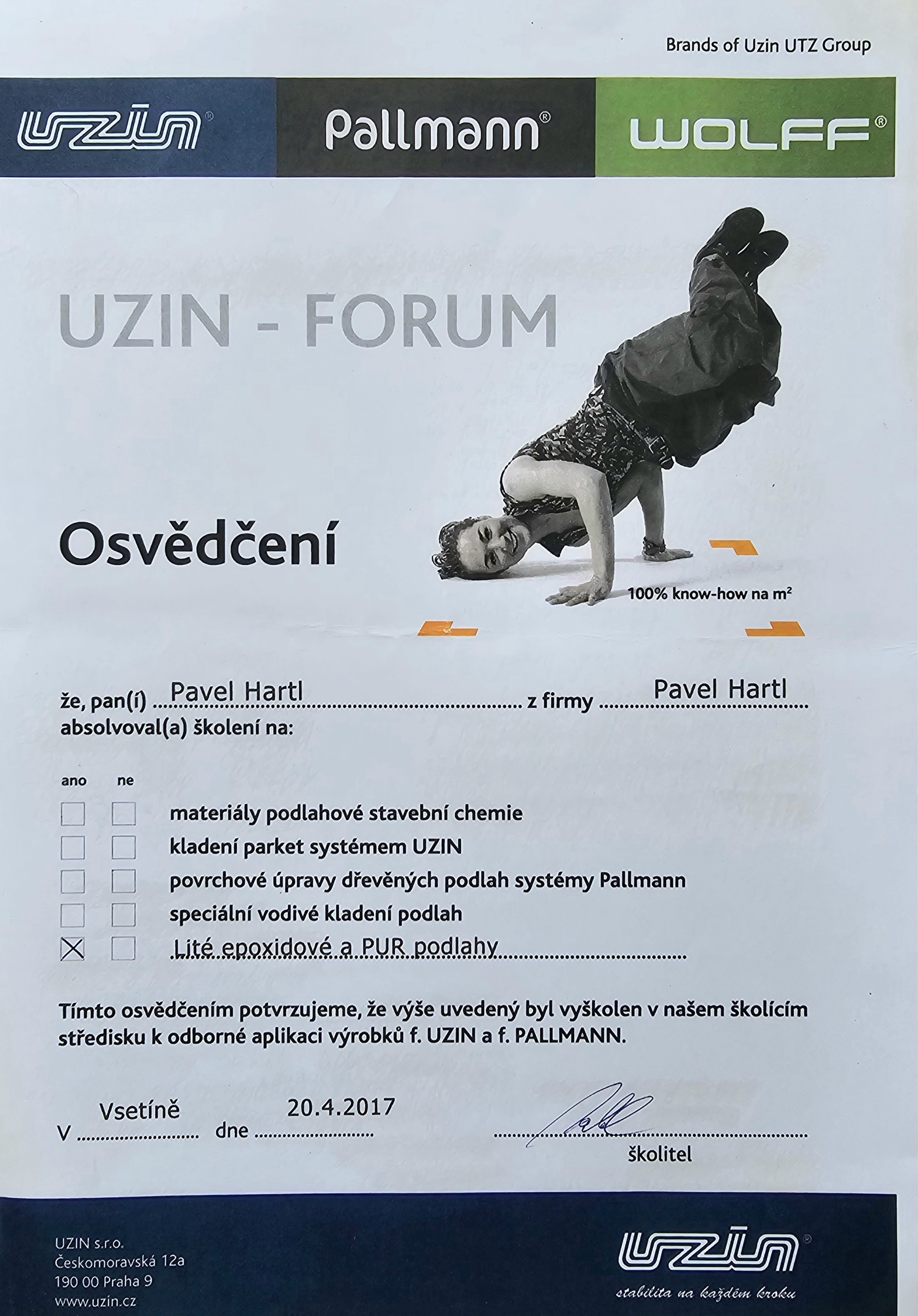 Osvědčení UZIN Forum Pallmann - Pavel Hartl